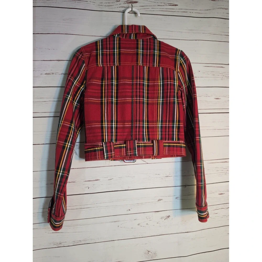Wet Seal Red Plaid Cropped Belted Jacket  Cotton Tartan Button Up  Sz Junior S